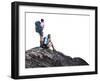 Two Hikers with Backpacks on Top of a Mountain Isolated on a White-Dudarev Mikhail-Framed Photographic Print