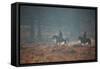 Two Horseback Riders Make their Way Through Misty Richmond Park in Winter-Alex Saberi-Framed Stretched Canvas