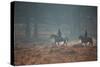 Two Horseback Riders Make their Way Through Misty Richmond Park in Winter-Alex Saberi-Stretched Canvas