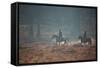 Two Horseback Riders Make their Way Through Misty Richmond Park in Winter-Alex Saberi-Framed Stretched Canvas