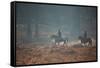 Two Horseback Riders Make their Way Through Misty Richmond Park in Winter-Alex Saberi-Framed Stretched Canvas