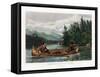 Two hunters in a canoe, with one paddling and the other firing his rifle at a moose on shore.-Vernon Lewis Gallery-Framed Stretched Canvas