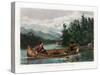 Two hunters in a canoe, with one paddling and the other firing his rifle at a moose on shore.-Vernon Lewis Gallery-Stretched Canvas