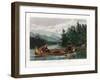 Two hunters in a canoe, with one paddling and the other firing his rifle at a moose on shore.-Vernon Lewis Gallery-Framed Art Print