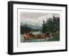 Two hunters in a canoe, with one paddling and the other firing his rifle at a moose on shore.-Vernon Lewis Gallery-Framed Art Print