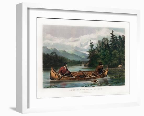 Two hunters in a canoe, with one paddling and the other firing his rifle at a moose on shore.-Vernon Lewis Gallery-Framed Art Print