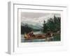 Two hunters in a canoe, with one paddling and the other firing his rifle at a moose on shore.-Vernon Lewis Gallery-Framed Art Print