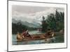 Two hunters in a canoe, with one paddling and the other firing his rifle at a moose on shore.-Vernon Lewis Gallery-Mounted Art Print