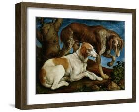 Two Hunting Dogs Tied to a Tree Stump, c.1548-50-Jacopo Bassano-Framed Giclee Print