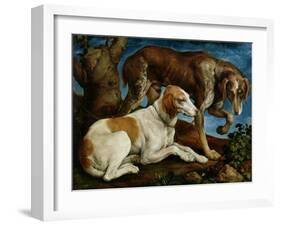 Two Hunting Dogs Tied to a Tree Stump, c.1548-50-Jacopo Bassano-Framed Giclee Print