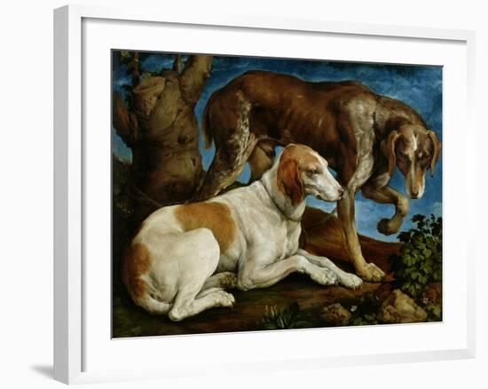 Two Hunting Dogs Tied to a Tree Stump, c.1548-50-Jacopo Bassano-Framed Giclee Print