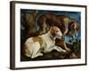 Two Hunting Dogs Tied to a Tree Stump, c.1548-50-Jacopo Bassano-Framed Giclee Print