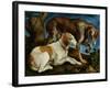 Two Hunting Dogs Tied to a Tree Stump, c.1548-50-Jacopo Bassano-Framed Giclee Print