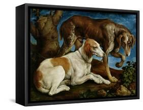 Two Hunting Dogs Tied to a Tree Stump, c.1548-50-Jacopo Bassano-Framed Stretched Canvas