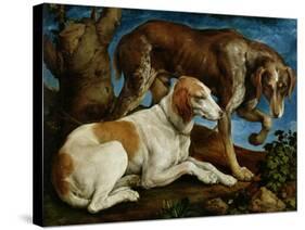 Two Hunting Dogs Tied to a Tree Stump, c.1548-50-Jacopo Bassano-Stretched Canvas