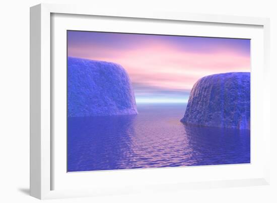 Two Icebergs Face to Face in the Ocean with Pink and Violet Sunrise-null-Framed Art Print