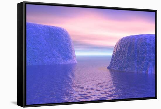 Two Icebergs Face to Face in the Ocean with Pink and Violet Sunrise-null-Framed Stretched Canvas