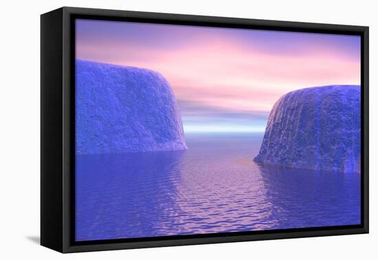 Two Icebergs Face to Face in the Ocean with Pink and Violet Sunrise-null-Framed Stretched Canvas