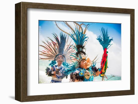 Two Indigenous Toltec Men Performing a Sunrise Ceremony on the Beach of Tulum, Yucatan Peninsula-Laura Grier-Framed Photographic Print