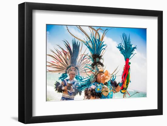 Two Indigenous Toltec Men Performing a Sunrise Ceremony on the Beach of Tulum, Yucatan Peninsula-Laura Grier-Framed Photographic Print