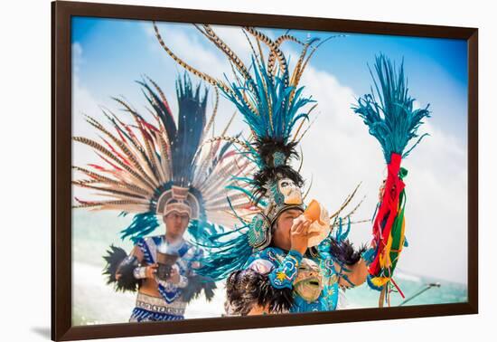 Two Indigenous Toltec Men Performing a Sunrise Ceremony on the Beach of Tulum, Yucatan Peninsula-Laura Grier-Framed Photographic Print