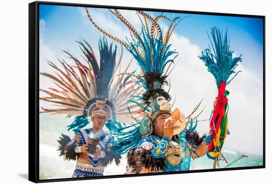 Two Indigenous Toltec Men Performing a Sunrise Ceremony on the Beach of Tulum, Yucatan Peninsula-Laura Grier-Framed Stretched Canvas