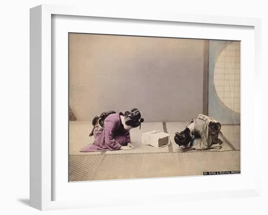 Two Japanese Women Presenting and Accepting a Gift, C.1867-90-Felice Beato-Framed Premium Photographic Print