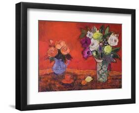 Two Jugs of Flowers on Red, 2019 (Acrylic)-Ann Oram-Framed Giclee Print