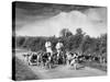 Two Kennel Workers Exercising Foxhounds on an English Country Lane-null-Stretched Canvas