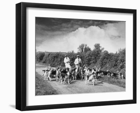 Two Kennel Workers Exercising Foxhounds on an English Country Lane-null-Framed Photographic Print