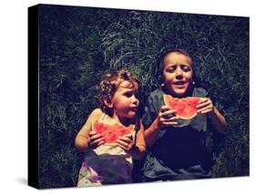 Two Kids Eating Watermelon-graphicphoto-Stretched Canvas