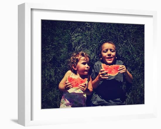 Two Kids Eating Watermelon-graphicphoto-Framed Photographic Print