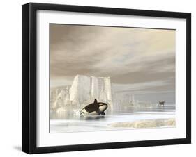 Two Killer Whales Swimming Near Icebergs on a Cloudy Day-null-Framed Art Print