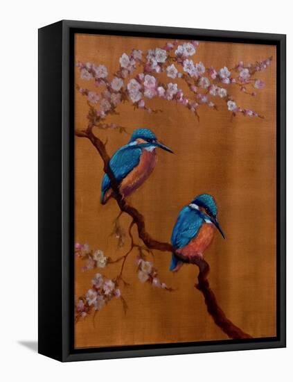 Two Kingfishers & Apple Blossom, 2021 (oil on canvas)-Lee Campbell-Framed Stretched Canvas