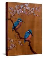 Two Kingfishers & Apple Blossom, 2021 (oil on canvas)-Lee Campbell-Stretched Canvas