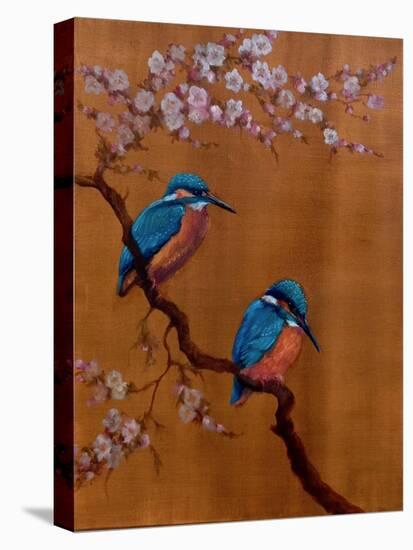 Two Kingfishers & Apple Blossom, 2021 (oil on canvas)-Lee Campbell-Stretched Canvas