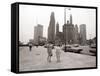 Two Ladies Walking the Sidewalk Skyscrapers in Chicago America's Windy City, in the 1960s-null-Framed Stretched Canvas