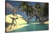Two Large Brachiosaurus Grazing in Shallow Waters as Two Utahraptors Approach-null-Stretched Canvas
