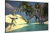 Two Large Brachiosaurus Grazing in Shallow Waters as Two Utahraptors Approach-null-Stretched Canvas