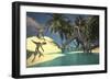 Two Large Brachiosaurus Grazing in Shallow Waters as Two Utahraptors Approach-null-Framed Premium Giclee Print