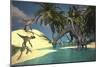 Two Large Brachiosaurus Grazing in Shallow Waters as Two Utahraptors Approach-null-Mounted Premium Giclee Print