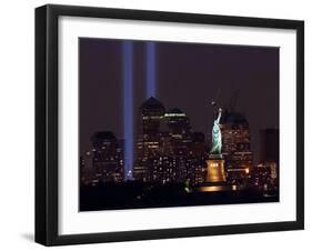 Two Light Beams Illuminate the Sky-null-Framed Premium Photographic Print