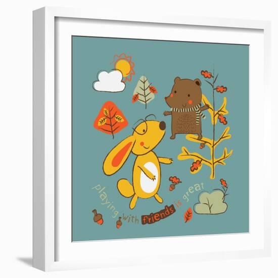 Two Little Animals are Playing in the Forest / Editable Vector Artwork Design for Kids and Babies /-graphic7-Framed Art Print