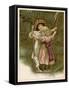 Two Little Girls Stand on a Swing with a White Kitten-null-Framed Stretched Canvas