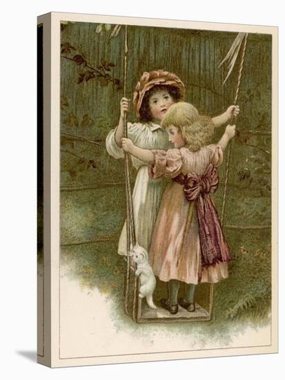 Two Little Girls Stand on a Swing with a White Kitten-null-Stretched Canvas