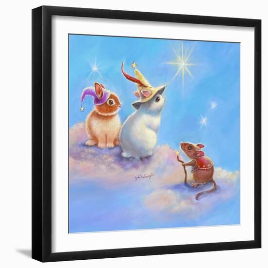 Two Lop Eared Bunnies Mouse and Two Bunnies in Clouds II-Judy Mastrangelo-Framed Giclee Print