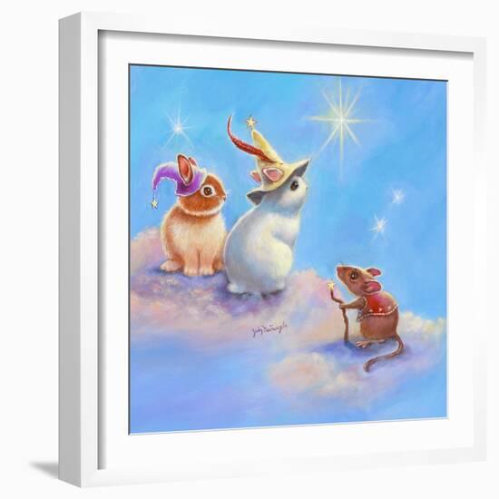 Two Lop Eared Bunnies Mouse and Two Bunnies in Clouds II-Judy Mastrangelo-Framed Giclee Print