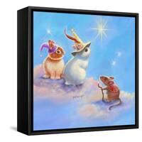 Two Lop Eared Bunnies Mouse and Two Bunnies in Clouds II-Judy Mastrangelo-Framed Stretched Canvas