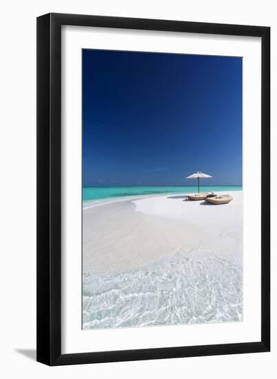 Two lounge chairs with sun umbrella on a tropical beach, The Maldives, Indian Ocean, Asia-Sakis Papadopoulos-Framed Photographic Print