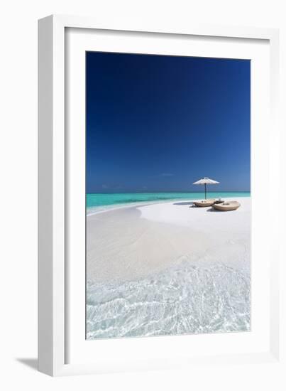 Two lounge chairs with sun umbrella on a tropical beach, The Maldives, Indian Ocean, Asia-Sakis Papadopoulos-Framed Photographic Print